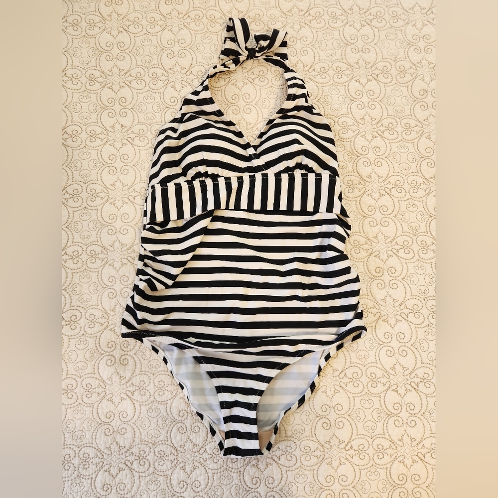 Beach BUMP. Striped Black and White Maternity One Piece Swimsuit. Size Medium.